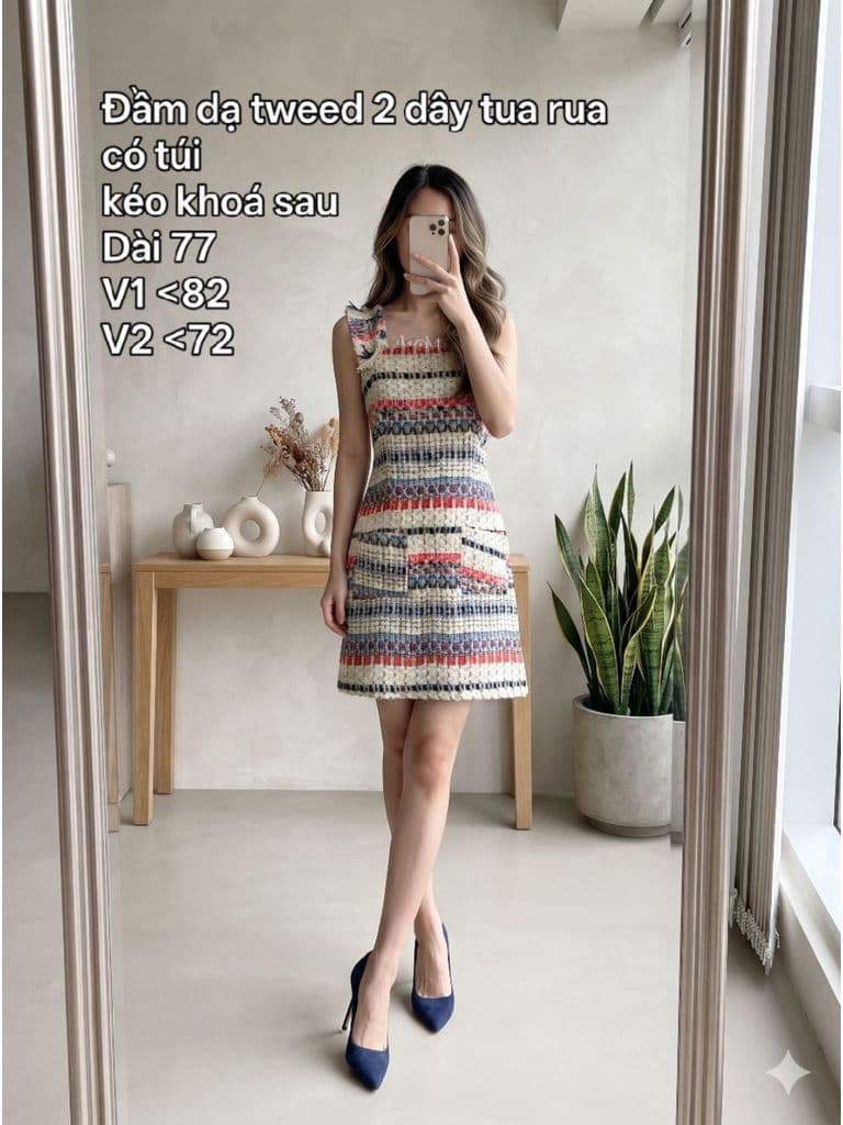[2hand] Đầm dạ tweed 2 dây tua rua kẻ mix màu có túi kéo khoá sau size S