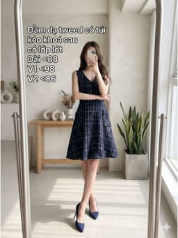 [2hand] Đầm dạ tweed sát nách xanh than cổ V có túi dáng xoè  kéo khoá sau có lớp lót size L XL 1