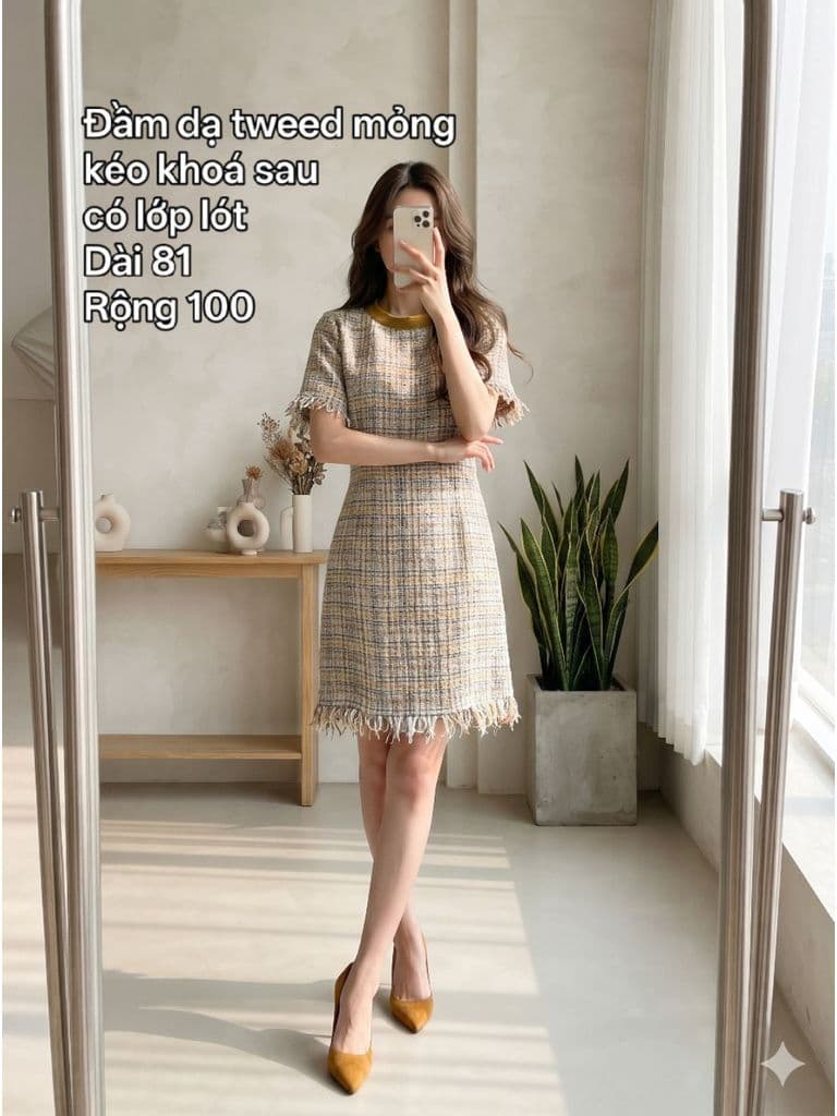 [2hand] Đầm dạ tweed mỏng tua rua cổ vàng kéo khoá sau có lớp lót size L XL