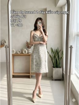 [2hand] Đầm dạ tweed 2 dây mảnh kiểu cúp ngực cúc to có lớp lót tua rua size M L nhỏ 1