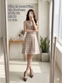 [2hand] Đầm dạ tweed lông sát nách kẻ hồng kéo khoá sau có lớp lót size XS S 1