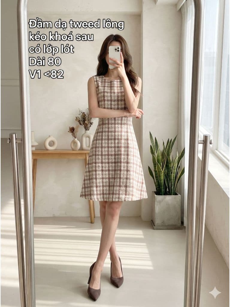 [2hand] Đầm dạ tweed lông sát nách kẻ hồng kéo khoá sau có lớp lót size XS S