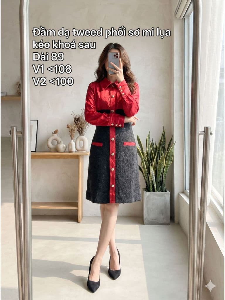 [2hand] Đầm dạ tweed đen phối sơ mi lụa đỏ kéo khoá sau size XL