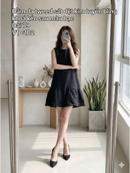 [2hand] Đầm dạ tweed sát nách đen dệt kim tuyến bling khoá kéo sau màu bạc size L XL 1