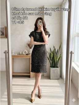 [2hand] Đầm dạ tweed cộc tay đen dệt kim tuyến vàng khoá kéo sau màu vàng có lớp lót size S 1