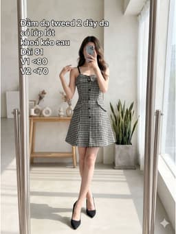 [2hand] Đầm dạ tweed 2 dây da cúc đồng nhám có lớp lót khoá kéo sau size XS S 1