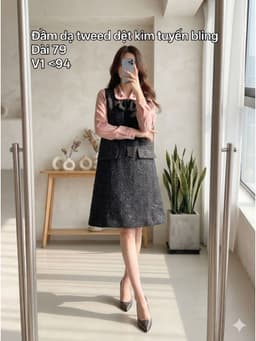 [2hand] Đầm dạ tweed sát nách cổ V rộng dệt kim tuyến bling size M L 1