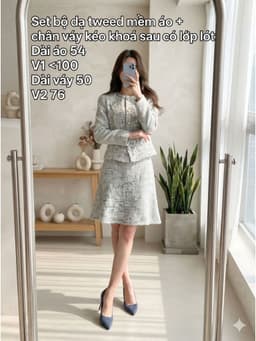 [2hand] Set bộ dạ tweed mềm xanh nhạt áo cúc ngọc + chân váy kéo khoá sau có túi có lớp lót size L 1