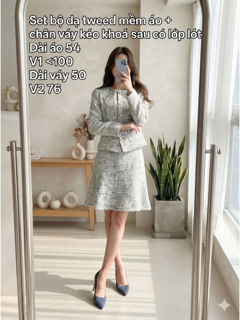 [2hand] Set bộ dạ tweed mềm xanh nhạt áo cúc ngọc + chân váy kéo khoá sau có túi có lớp lót size L
