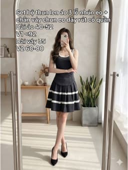 [2hand] Set bộ thun len đen áo 3 lỗ nhún eo + chân váy xoè chun eo dây rút có quần size S M 1