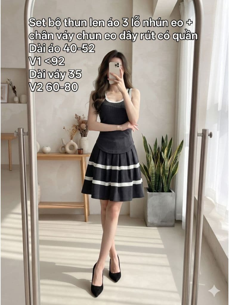 [2hand] Set bộ thun len đen áo 3 lỗ nhún eo + chân váy xoè chun eo dây rút có quần size S M