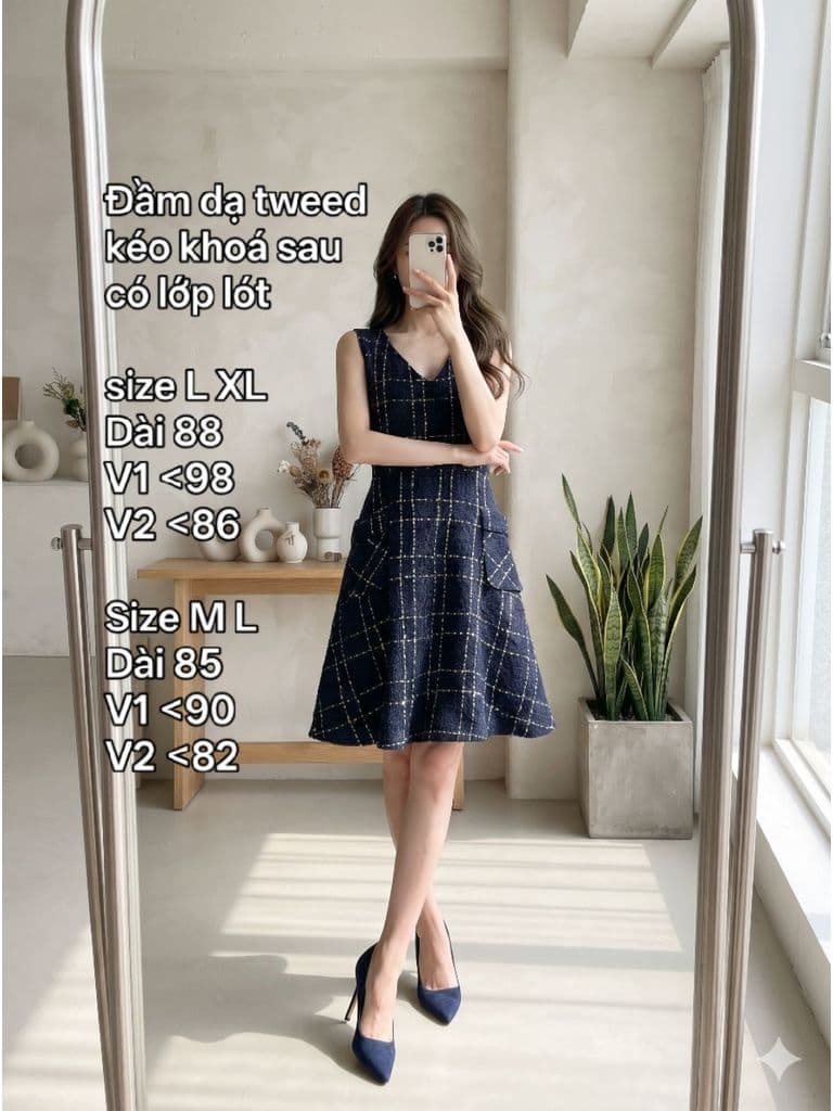 [2hand] Đầm dạ tweed sát nách xanh than cổ V có túi dáng xoè kéo khoá sau có lớp lót size L XL