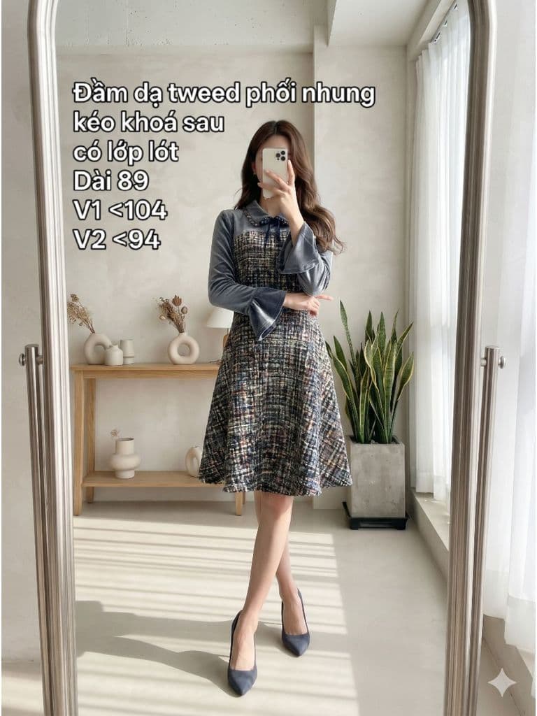 Đầm dạ tweed phối nhung xanh cổ bèo buộc nơ kéo khoá sau có lớp lót size L XL