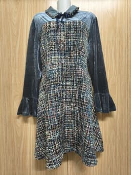 Đầm dạ tweed phối nhung xanh cổ bèo buộc nơ kéo khoá sau có lớp lót size L XL 3