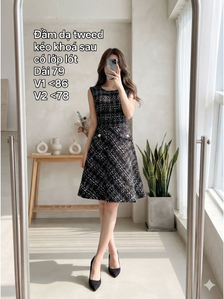[2hand] Đầm dạ tweed sát nách túi đính ngọc kéo khoá sau có lớp lót size S M