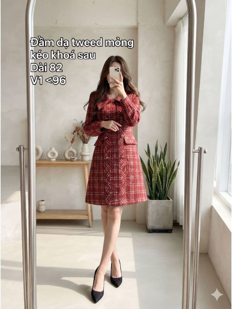 [2hand] Đầm dạ tweed mỏng đỏ đô cổ bẻ dáng chữ A kéo khoá sau freesize đến L