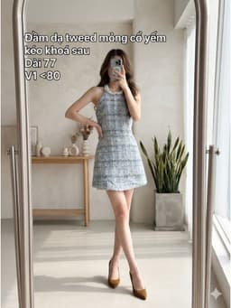 [2hand] Đầm dạ tweed mỏng cổ yếm đính ngọc xanh hở lưng kéo khoá sau size XS S 1