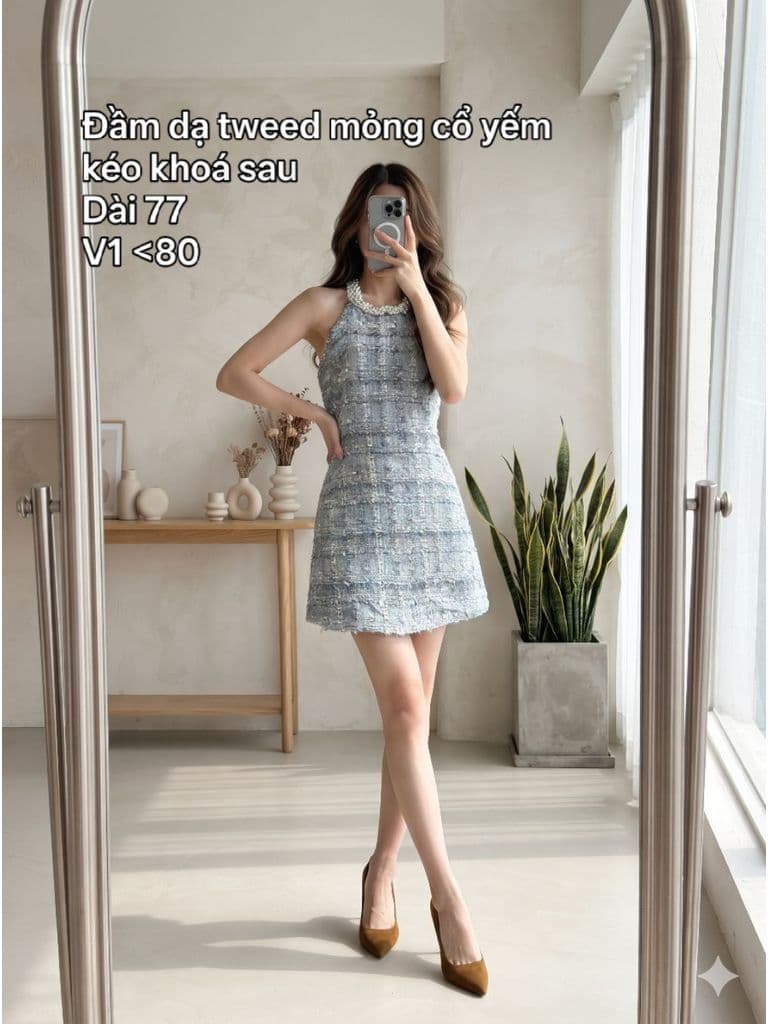 [2hand] Đầm dạ tweed mỏng cổ yếm đính ngọc xanh hở lưng kéo khoá sau size XS S