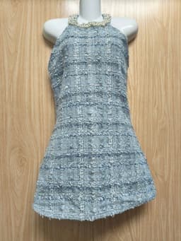 [2hand] Đầm dạ tweed mỏng cổ yếm đính ngọc xanh hở lưng kéo khoá sau size XS S 2
