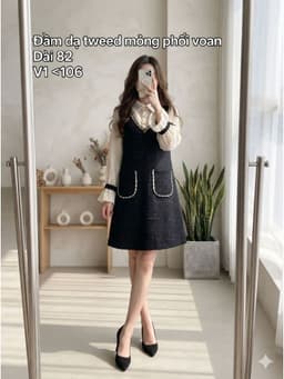 [2hand] Đầm dạ tweed mỏng đen phối voan kem kiểu set sơ mi đính ngọc size L XL 1