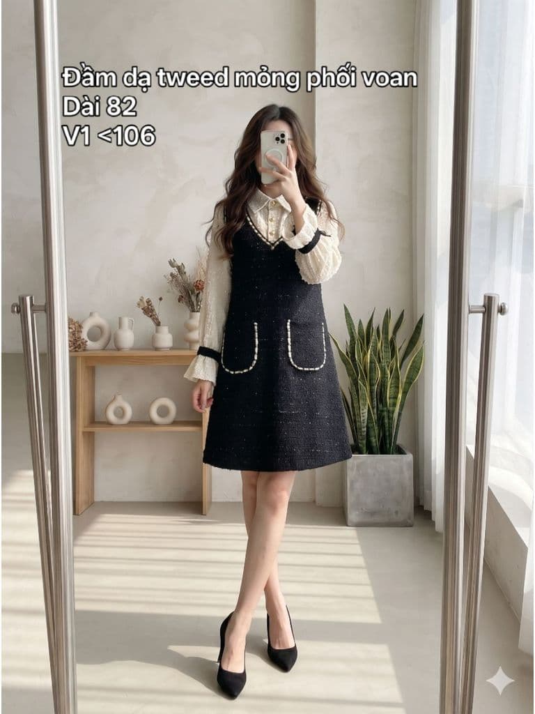 [2hand] Đầm dạ tweed mỏng đen phối voan kem kiểu set sơ mi đính ngọc size L XL