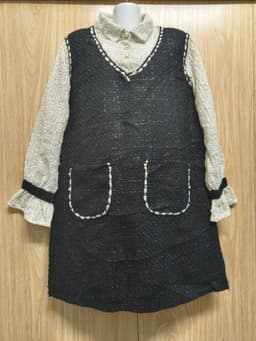 [2hand] Đầm dạ tweed mỏng đen phối voan kem kiểu set sơ mi đính ngọc size L XL 2