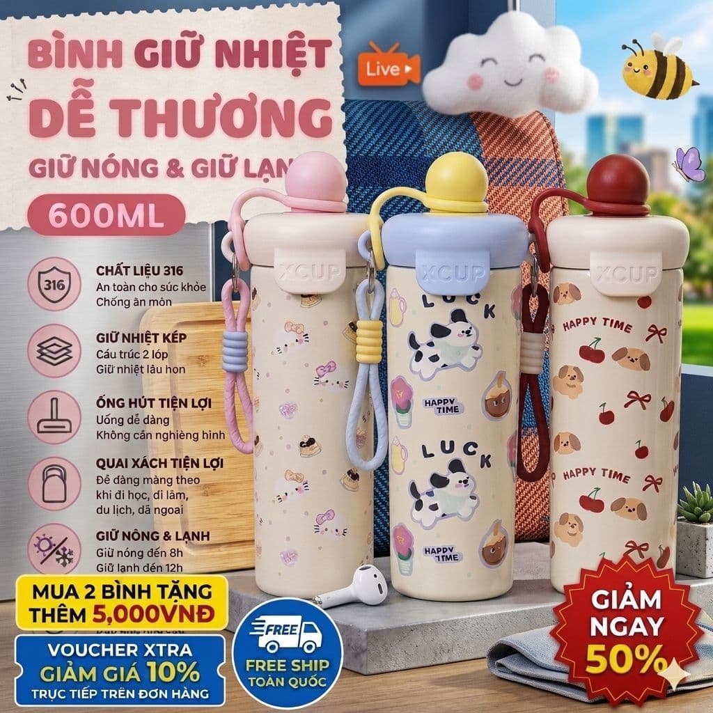 Bình Nước Nhựa Đi Học Có Ống Hút Chống Sặc Hoạt Hình Đáng Yêu Cao Cấp