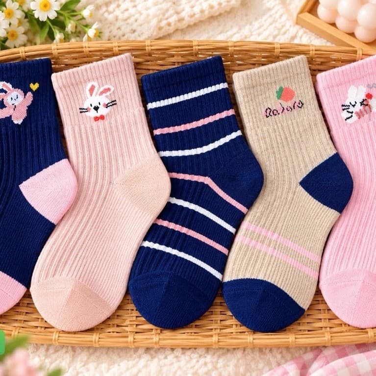 Set 10 Đôi Tất Trẻ em Chất Cotton Mềm Mại Êm Chân Hoạ Tiết Thỏ Hồng Kẻ Siêu Xinh AQ
