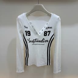 Áo thun nữ cổ V tay dài màu đen in chữ No 19 87 phong cách thời trang 8