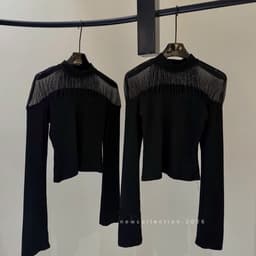 Áo thun nữ cổ cao tay dài màu đen phối lưới xếp ly dáng ôm 4