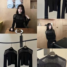Áo thun nữ cổ cao tay dài màu đen phối lưới xếp ly dáng ôm 9