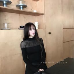 Áo thun nữ cổ cao tay dài màu đen phối lưới xếp ly dáng ôm 2