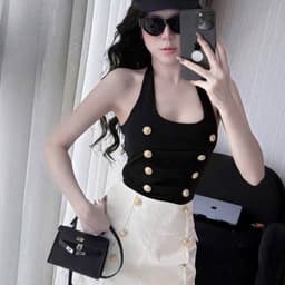 Áo ba lô nữ màu đen dáng ôm nút kim loại cổ tròn phong cách thời trang 5