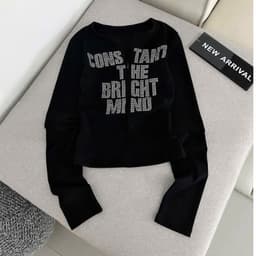 Áo thun nữ tay dài cổ tròn chữ đá màu đen phong cách thường ngày 6
