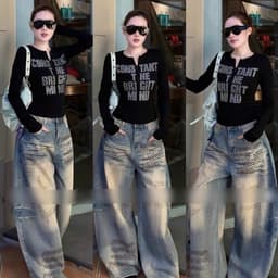 Áo thun nữ tay dài cổ tròn chữ đá màu đen phong cách thường ngày 2