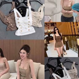 Áo ba lô nữ màu be dáng ôm cài nút trước cổ vuông tay không phong cách thời trang 2