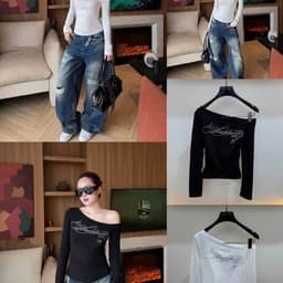 Áo thun nữ tay dài cổ lệch 1 bên màu đen đính đá phong cách thời trang 6