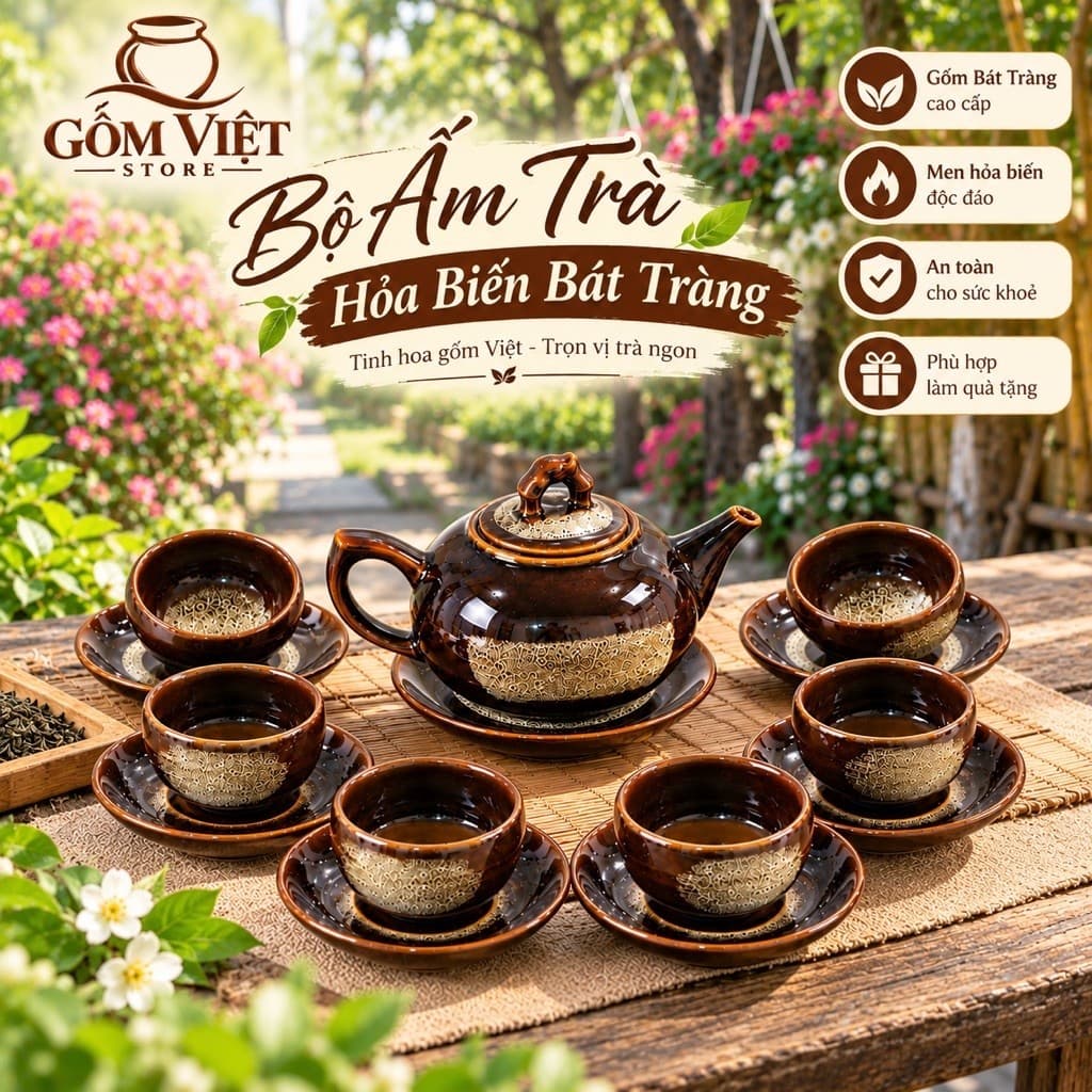 Bộ Ấm Trà Men Hoả Biến Bát Tràng Cao Cấp – Men Độc Đáo, Sang Trọng