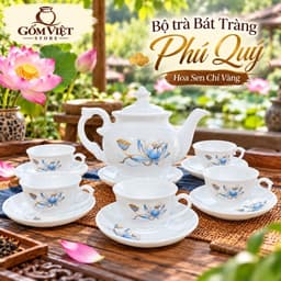 Bộ Ấm Chén Pha Trà Bát Tràng Phú Quý Hoa Sen Vẽ Chỉ Vàng, Men Trắng. Cao Cấp- Sang Trọng- Lịch Sự 1