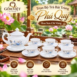 Bộ Ấm Chén Pha Trà Bát Tràng Phú Quý Hoa Sen Vẽ Chỉ Vàng, Men Trắng. Cao Cấp- Sang Trọng- Lịch Sự 2