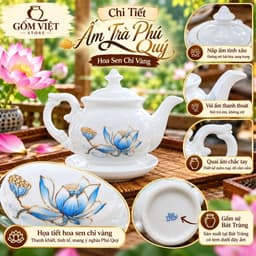 Bộ Ấm Chén Pha Trà Bát Tràng Phú Quý Hoa Sen Vẽ Chỉ Vàng, Men Trắng. Cao Cấp- Sang Trọng- Lịch Sự 4