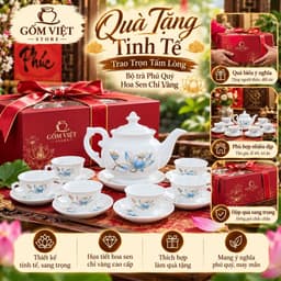 Bộ Ấm Chén Pha Trà Bát Tràng Phú Quý Hoa Sen Vẽ Chỉ Vàng, Men Trắng. Cao Cấp- Sang Trọng- Lịch Sự 8