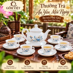 Bộ Ấm Chén Pha Trà Bát Tràng Phú Quý Hoa Sen Vẽ Chỉ Vàng, Men Trắng. Cao Cấp- Sang Trọng- Lịch Sự 7