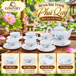 Bộ Ấm Chén Pha Trà Bát Tràng Phú Quý Hoa Sen Vẽ Chỉ Vàng, Men Trắng. Cao Cấp- Sang Trọng- Lịch Sự 3