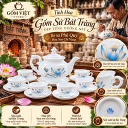 Bộ Ấm Chén Pha Trà Bát Tràng Phú Quý Hoa Sen Vẽ Chỉ Vàng, Men Trắng. Cao Cấp- Sang Trọng- Lịch Sự 6