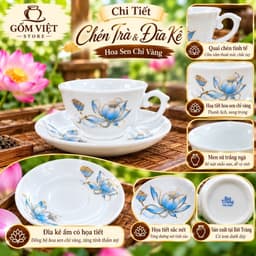 Bộ Ấm Chén Pha Trà Bát Tràng Phú Quý Hoa Sen Vẽ Chỉ Vàng, Men Trắng. Cao Cấp- Sang Trọng- Lịch Sự 5