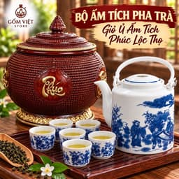 Giỏ ủ Ấm Tích Phúc Lộc Thọ ,Ấm Tích, Cốc Chén Hàng Bát Tràng Dùng Ủ Nhiệt Pha Trà, Hãm Chè 1,5Lít 6