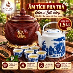 Giỏ ủ Ấm Tích Phúc Lộc Thọ ,Ấm Tích, Cốc Chén Hàng Bát Tràng Dùng Ủ Nhiệt Pha Trà, Hãm Chè 1,5Lít 7