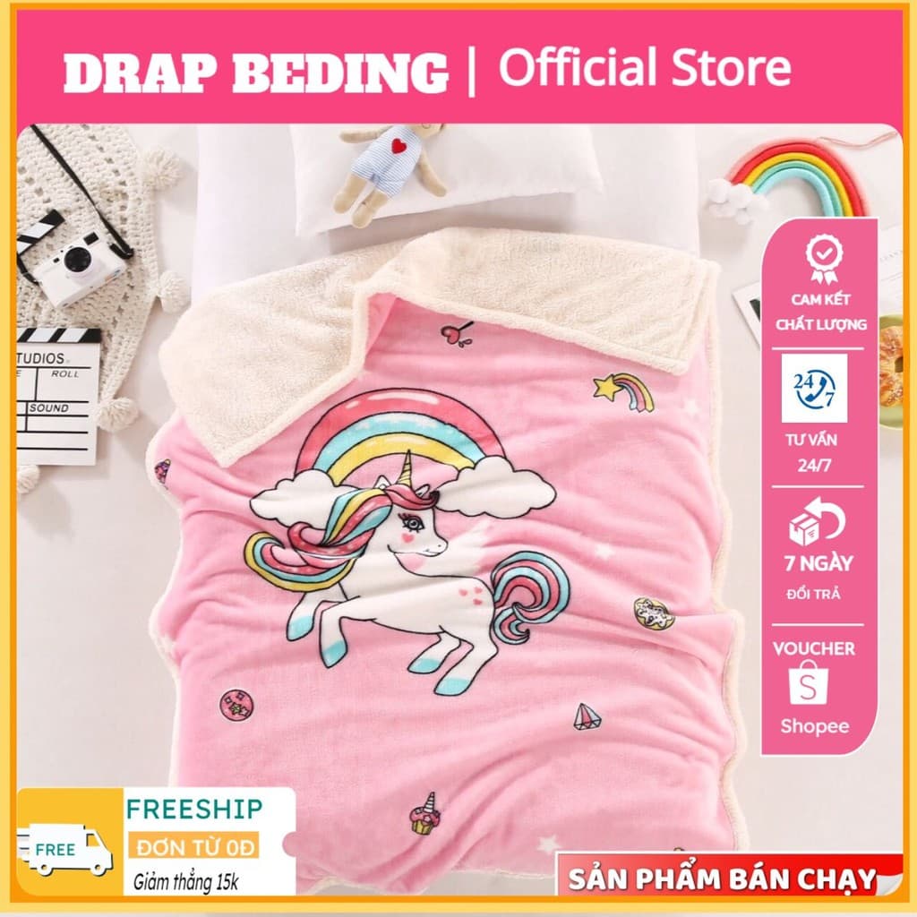 Chăn lông cừu cho bé chăn cừu kích thước 1mx1m4 mẫu ngựa hồng Pony - drapbeding