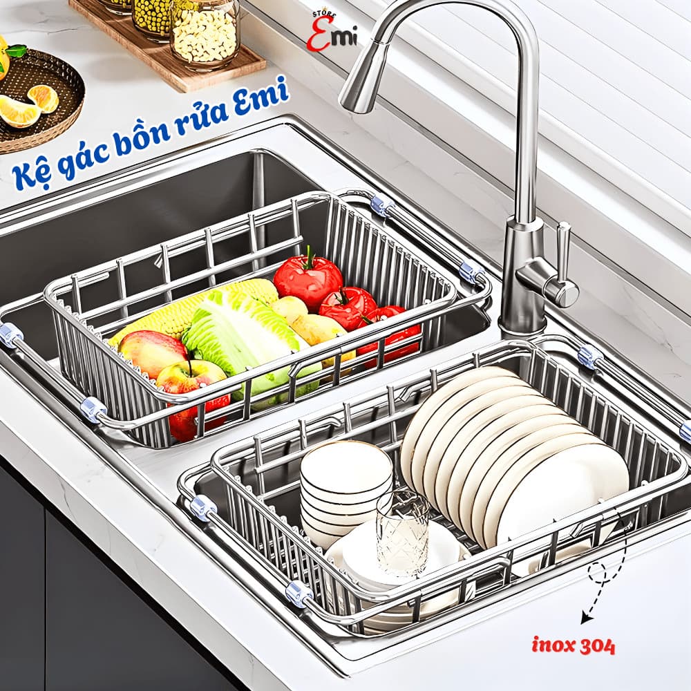 Kệ Gác Bồn Rửa Chén EMI, Rổ Gác Bồn Rửa Chén Inox 304 Rút Gọn, Rửa Rau Củ Quả Thoát Nước Nhanh, Trống Trơn Trượt